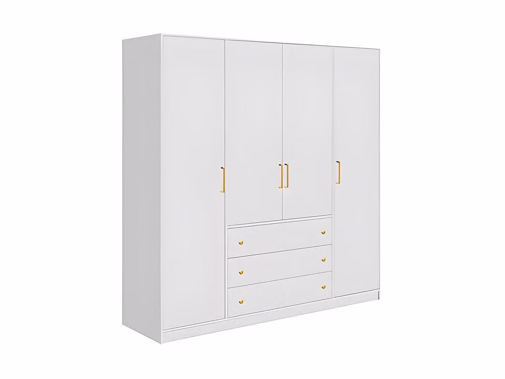 Vente-unique Lizandro Wardrobe with 4 Doors and 3 Drawers in White and Gold, W: 196 cm, D: 58 cm, H: 200 cm – 2