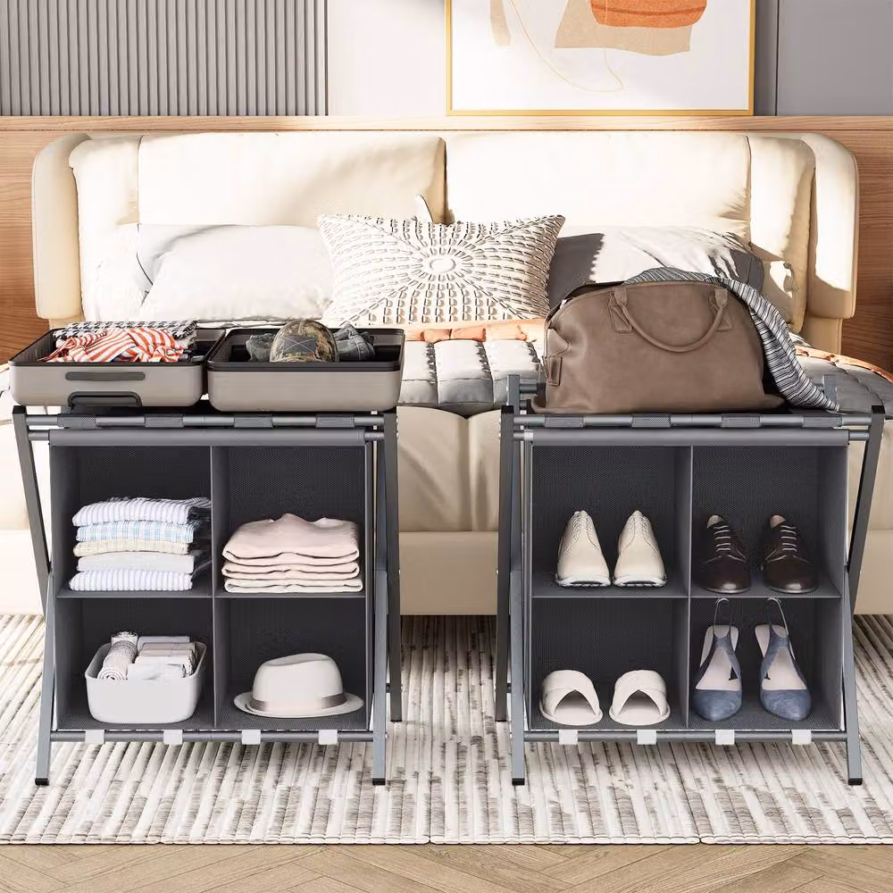 Huhote 2 Tier Metal Folding Luggage Rack with Storage in Grey – 4