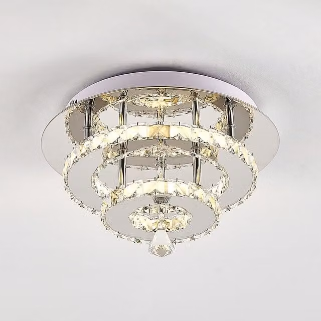 Living Star Modern Double Tier Round Crystal LED Ceiling Light in Chrome and Silver