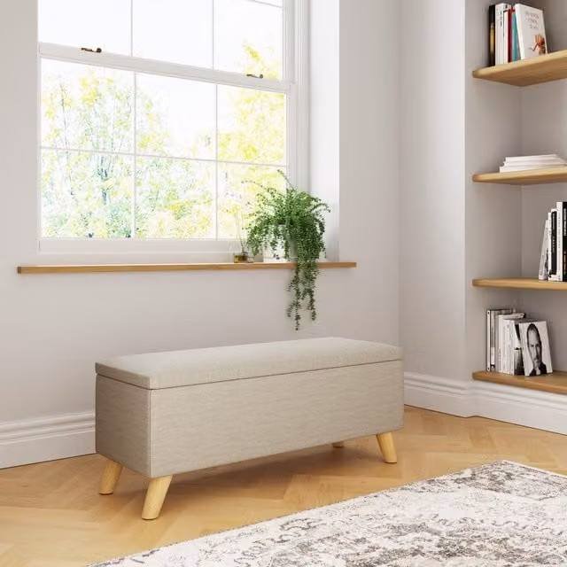 GFW Secreto Ottoman Storage Bench in Grey and Beige Fabric with Wood Upholstered Frame