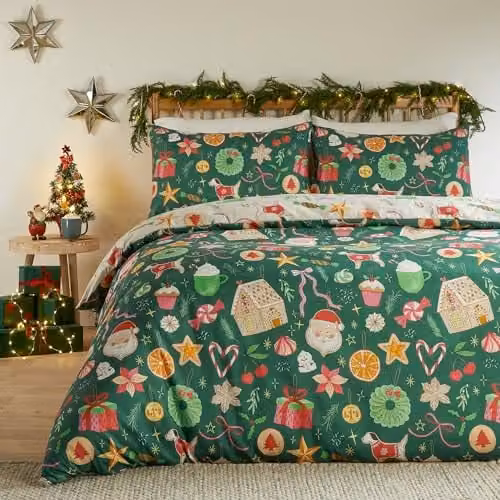 Riva Home Duvet Day Festive Treats Reversible Duvet Cover Set, Green, W: 230 cm, D: 220 cm