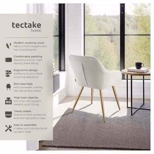tectake Modern Dining Chair with Armrests in Cream and Gold – 2