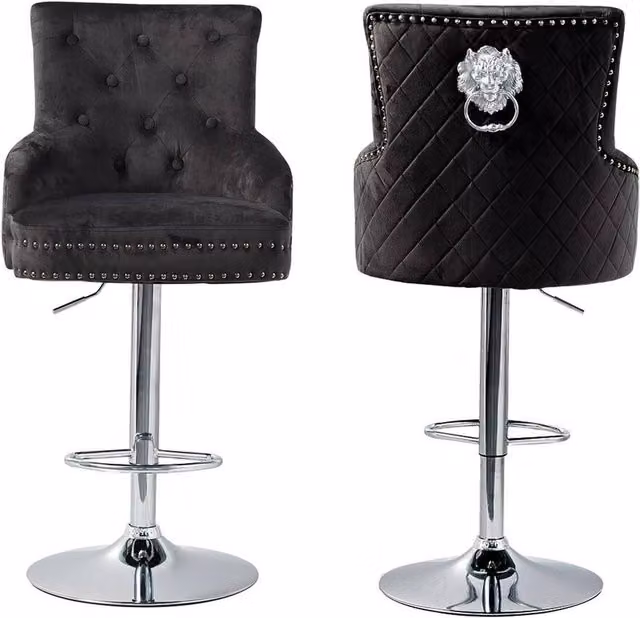 PAWNORA Set of 2 Black Velvet Lion Knocker Bar Stools with Metal Frames