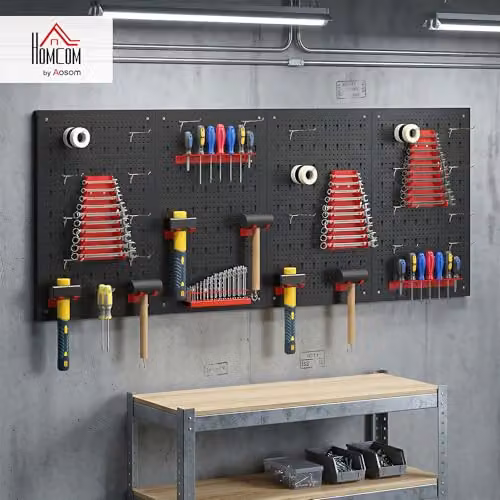 HOMCOM 38 Piece Wall-Mounted Steel Pegboard with Hooks, 4 Panels, Black and Red – 2