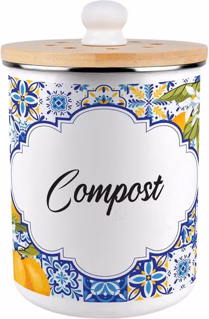 Purely Home Amalfi Lemons Metal Compost Caddy with Flip Lid, 2L, Blue, Yellow and White