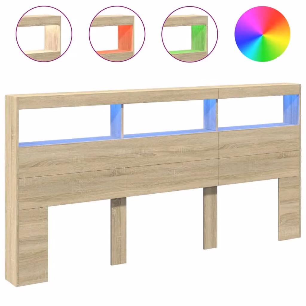 Berkfield Home Sonoma Oak Headboard Cabinet with LED Lighting and USB Charging Port, Brown, W: 200 cm, D: 17 cm, H: 102 cm – 2