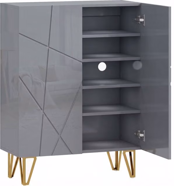 HOMCOM Modern Grey Glossy Narrow Shoe Storage Cabinet with Soft-Close Hinged Doors and Internal Shelves – 1