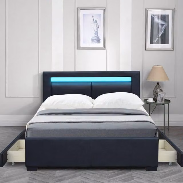 Modish Furnishing Tokyo LED Bluetooth Double Bed Frame in Black with 4 Drawers and Under-bed Lighting, W/D/H: 140 x 200 cm – 1