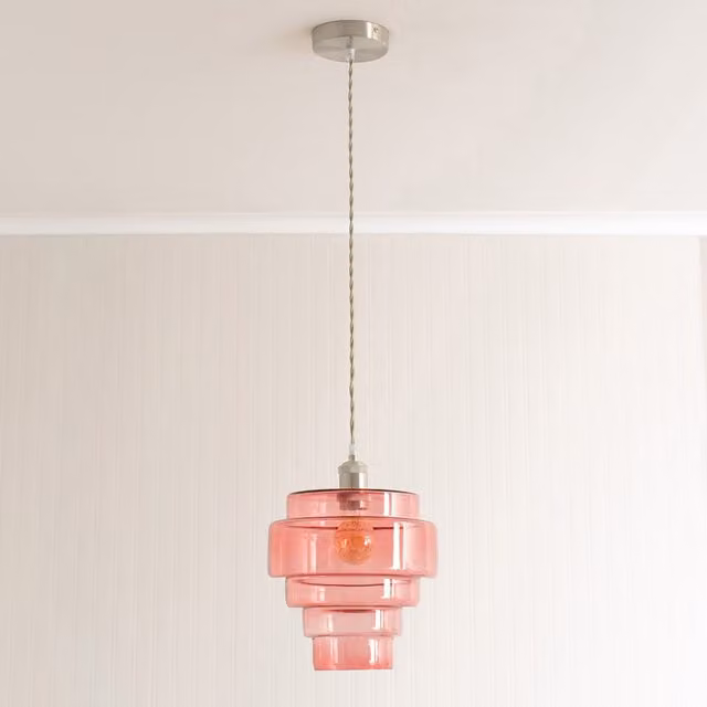 Lane 5 Tier Layered Glass Brushed Chrome Pendant Ceiling Light with LED Bulb in Pink