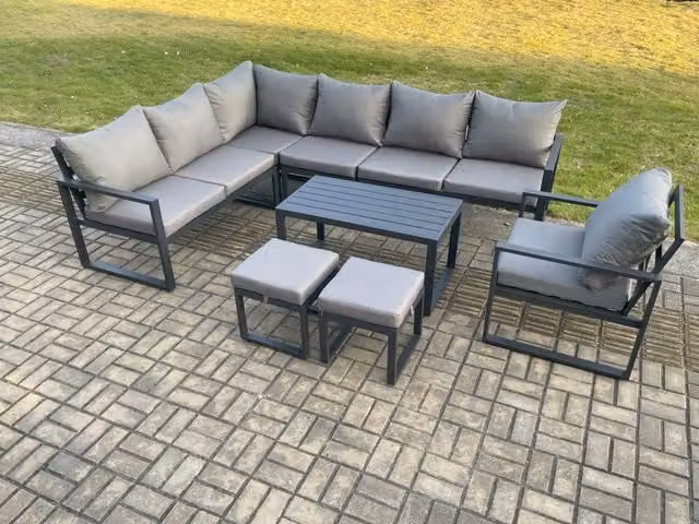 Fimous Aluminium Garden Furniture Set in Dark Grey with Corner Sofa, Coffee Table and 2 Ottomans