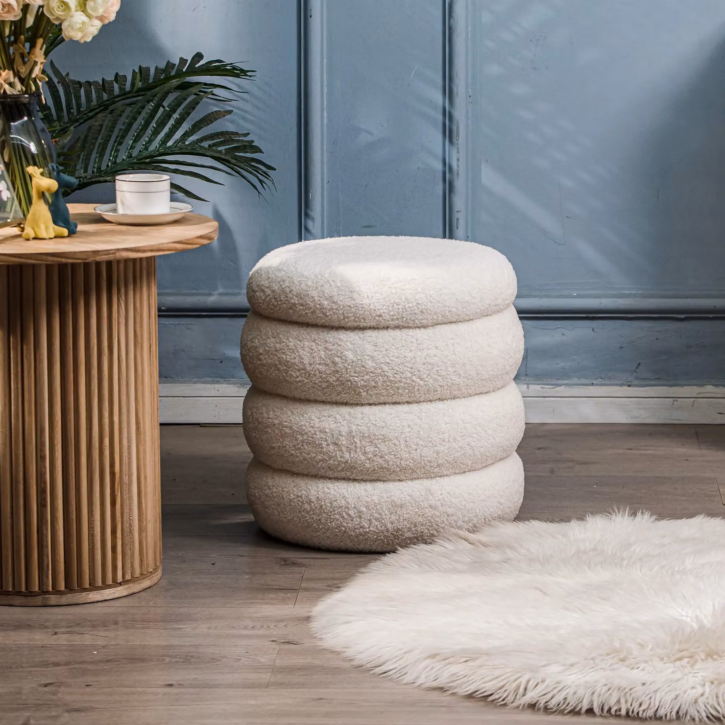 Nordlys Scandinavian White Bouclé Cylindrical Living Room Pouf – 2