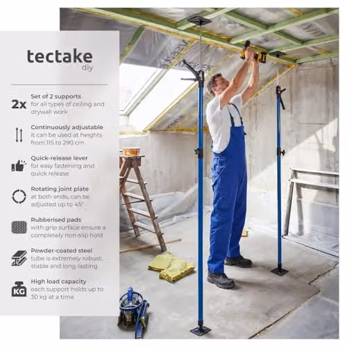 tectake Plasterboard Prop Set of 2, Blue, Adjustable 115-290 cm – 2
