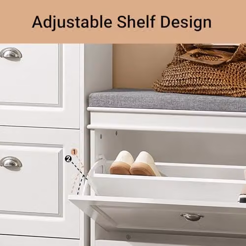 SoBuy Shoe Storage Bench with Fabric Seat Cushion and Flip Drawer, Grey and White, W/D/H: 75 x 24 x 51 cm – 4
