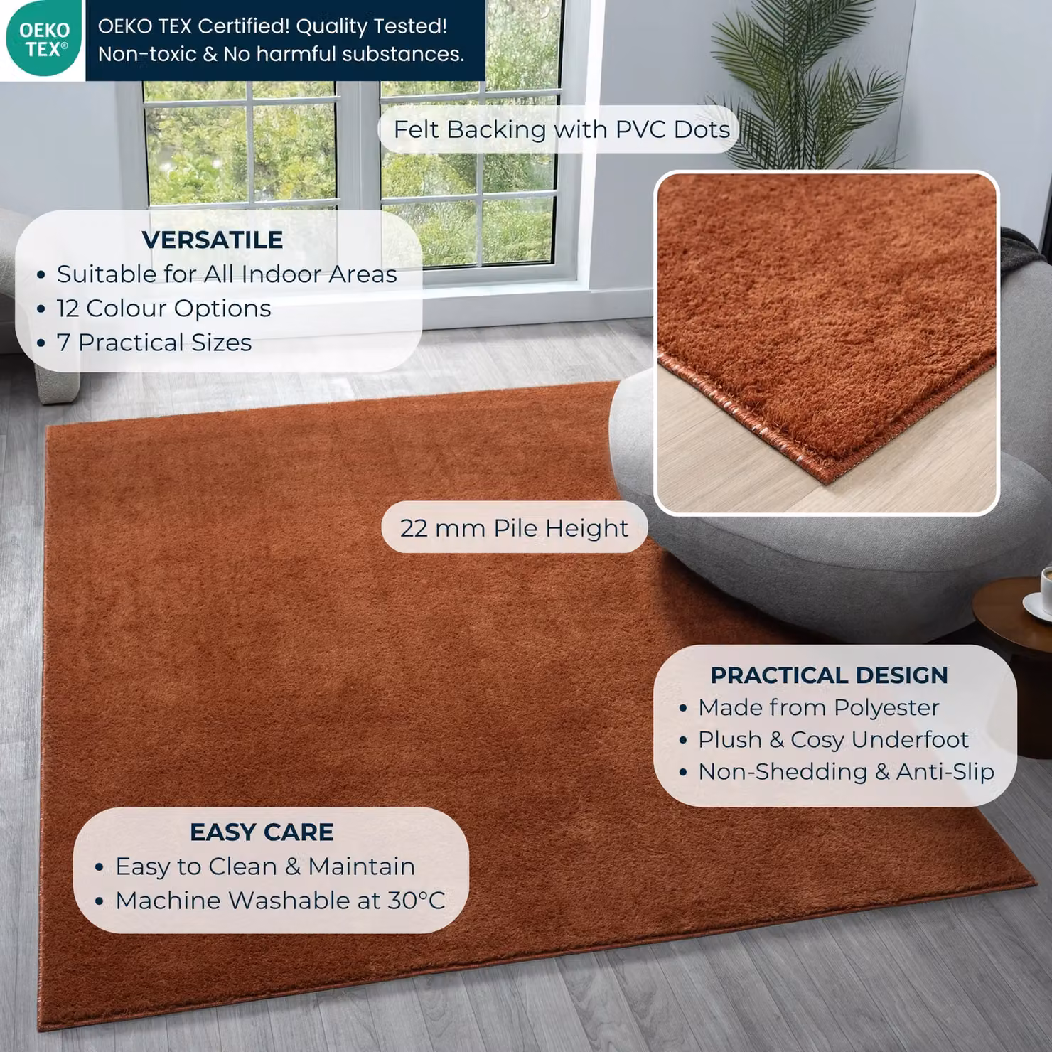 Desire Rugs Comfy Washable Low Pile Living Room Area Rug in Terracotta, W: 280 cm, D: 200 cm – 3