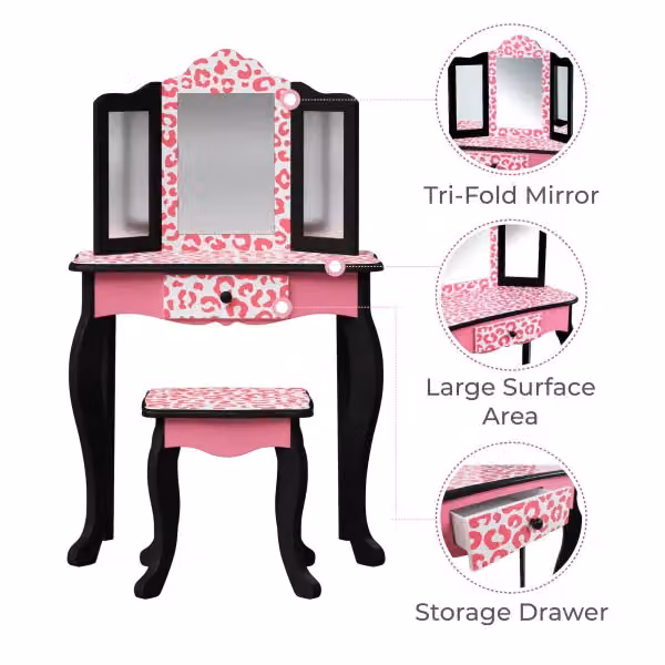 Teamson Kids Leopard Print Wooden 2-Piece Play Vanity Set with Tri-Fold Mirror, Storage Drawer and Matching Stool, Black and Pink – 5