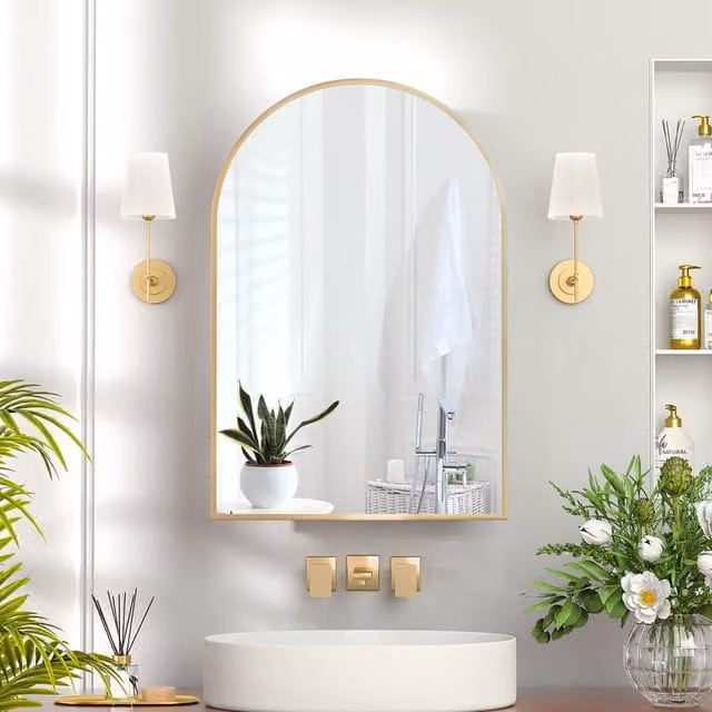 KEEPREAPER Arch Brushed Gold Bathroom Mirror Cabinet with Hinged Glass Doors and Internal Shelves, W/H: 51 x 76 cm