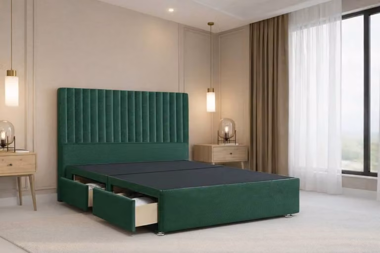 Chester & Oakley Lorenzo Plush Velvet Divan Bed Base with 4 Drawers and Headboard, Green, W/D/H: 180 x 200 cm