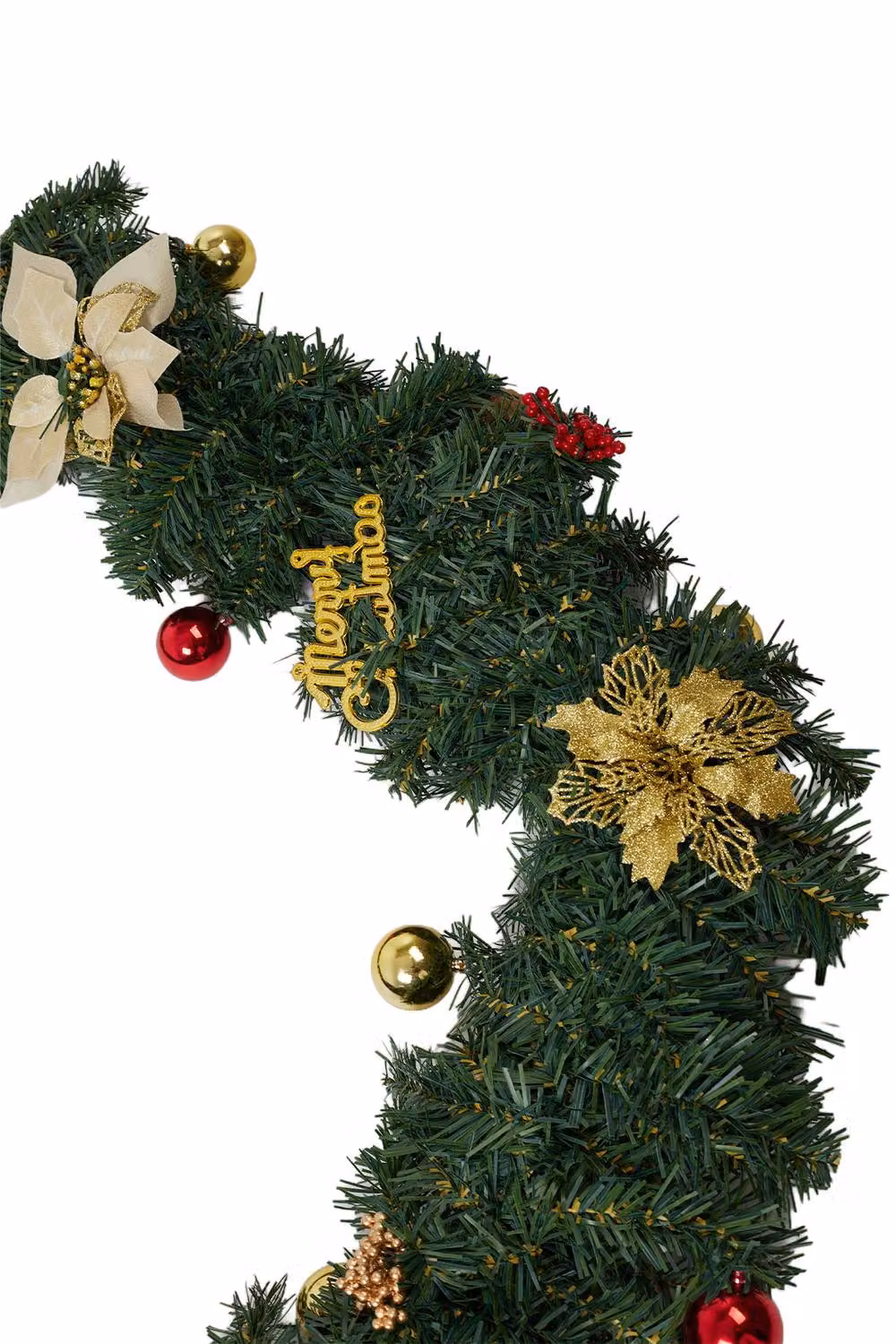 Living and Home 2.7m Christmas Garland with Poinsettia and Gold Merry Christmas Sign in Green, Red and Gold – 3