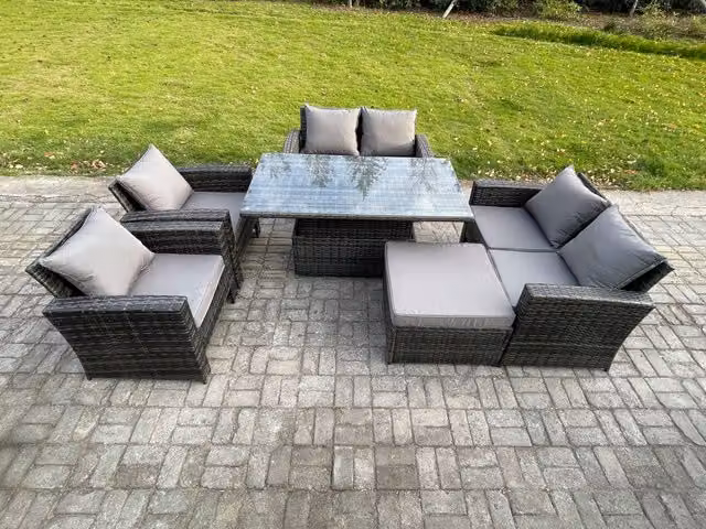 Fimous 7 Seater Rattan Garden Furniture Set with Height Adjustable Lifting Table, Double Sofa and Large Footstool in Dark Grey