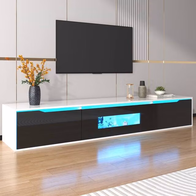HomeTouch High Gloss Floating Black TV Stand Unit with LED Lights W: 180 cm, D: 35 cm, H: 35 cm – 1