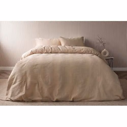 Belledorm Waffle Stripe Cotton Duvet Cover and Pillowcase Set, Beige, 140 x 200 cm