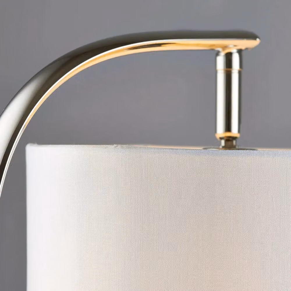 Loops Modern Curved Table Lamp with Silver Metal Arm and White Fabric Shade – 2