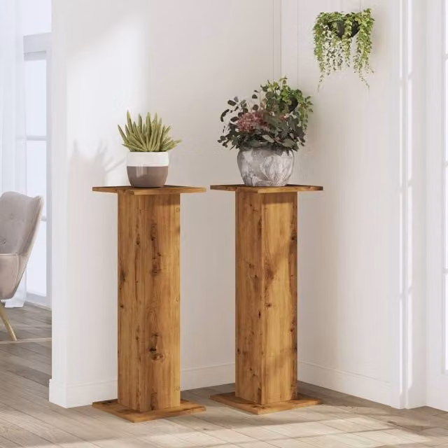 Berkfield Home Set of 2 Artisan Oak Plant Stands in Brown, W/D/H: 30 x 30 x 80 cm