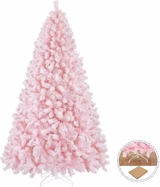 EONLION 7.5ft Flocked Artificial Christmas Fir Tree in Pink and White with Foldable Stand