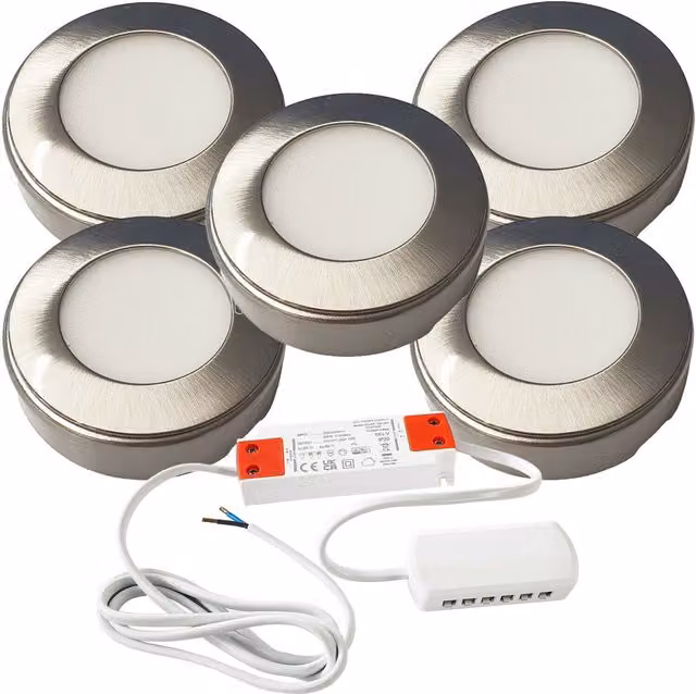 Loops 5x Round Warm White LED Under Cabinet Kitchen Light and Driver Kit in Brushed Nickel Silver