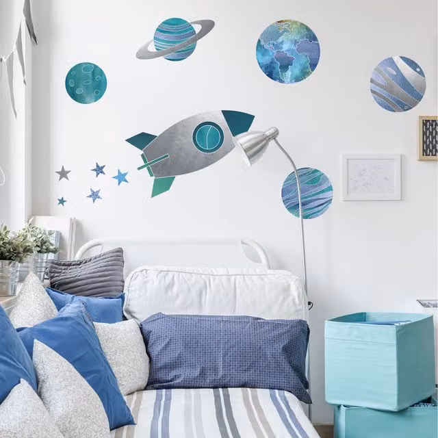 Stickerscapes Rocket, Planets and Stars Adhesive Wall Sticker Pack in Blue and Grey