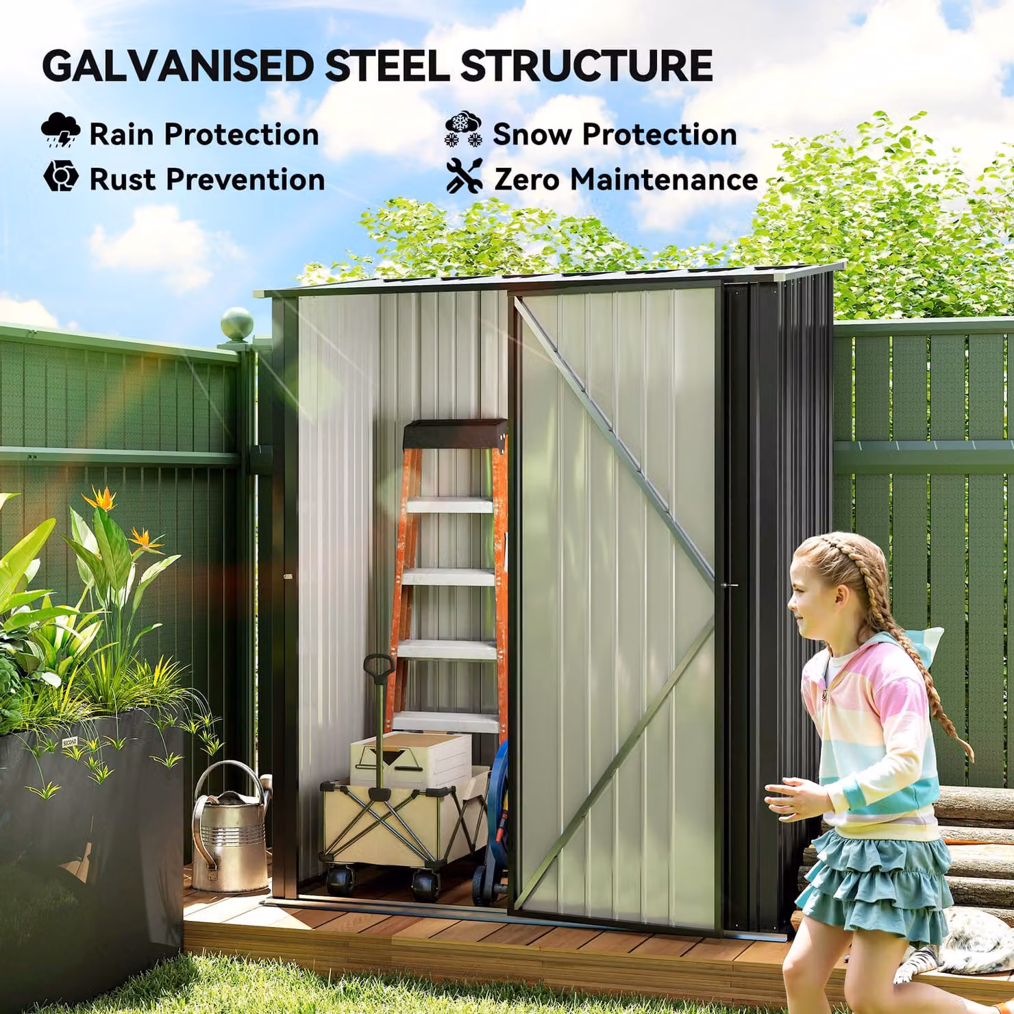 Outsunny Galvanised Steel Outdoor Storage Shed with Lockable Single Door in Grey or Black – 4