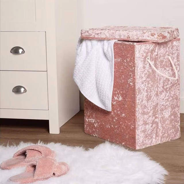 OHS Collapsible Crushed Velvet Laundry Bag with Handles in Pink