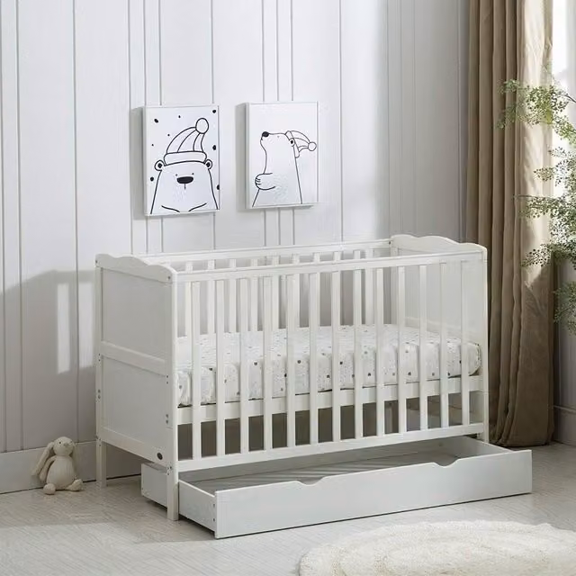 MCC Direct CozyCubs Orlando Wooden Baby Cot Bed with Drawer and Mattress in White – 1