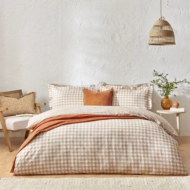 Yard Barton Reversible Gingham Check Duvet Cover and Pillowcase Set in Brown, W/D/H: 200 x 220 cm and 140 x 200 cm