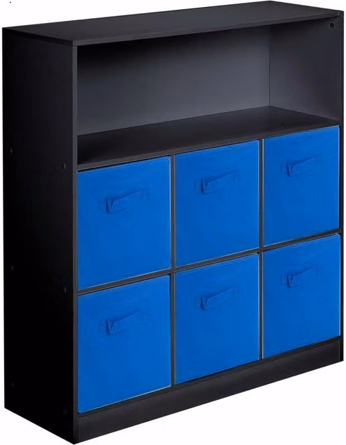 EONLION Black 7-Cube Wooden Storage Unit with Blue Drawers, H 88.0 cm x W 94.0 cm x D 30.0 cm