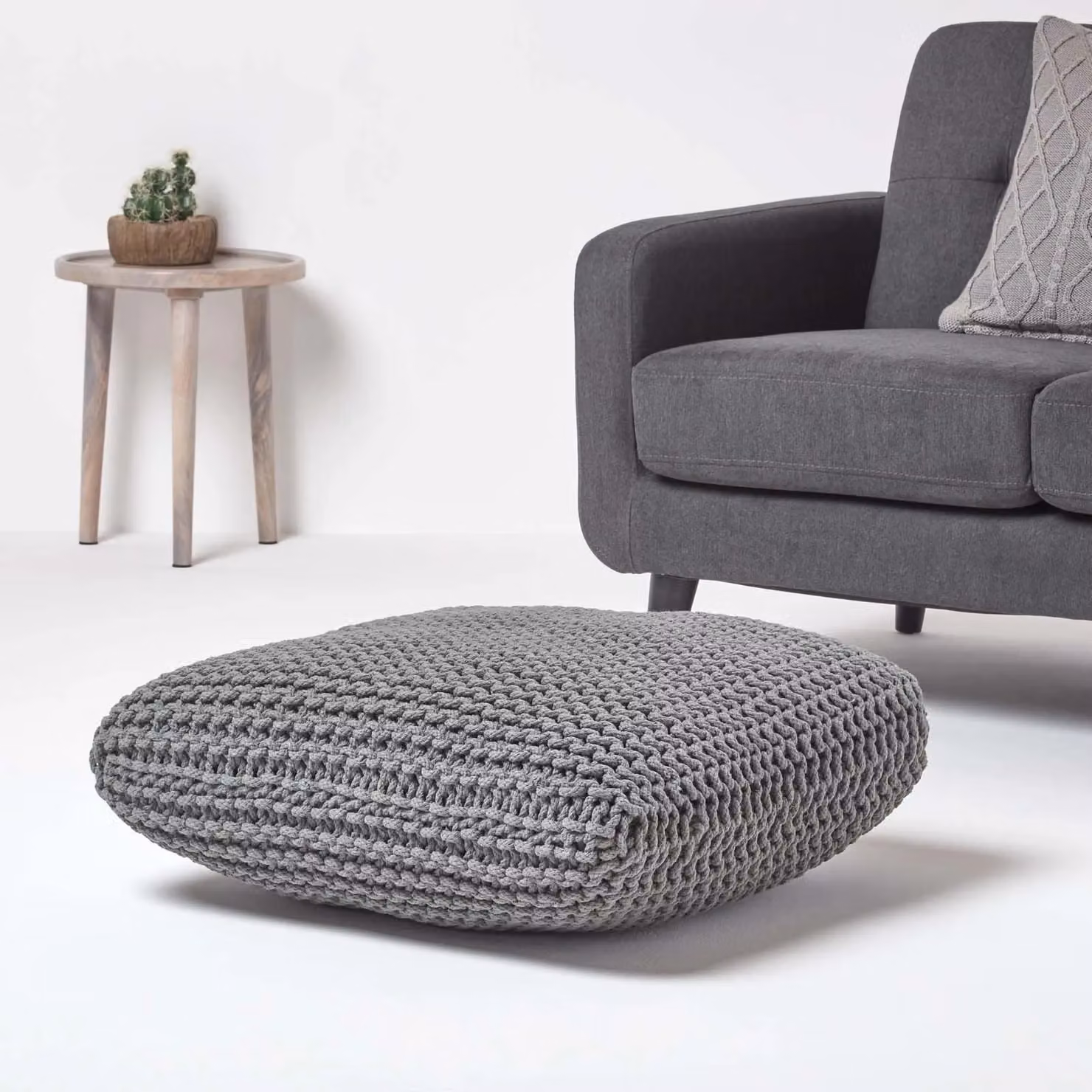 Homescapes Square Cotton Knitted Pouffe Floor Cushion in Grey – 2