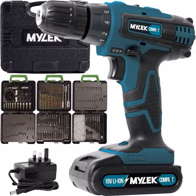 MYLEK 2 Speed Cordless Drill BMC in Green with Carry Case and 204 Piece Accessory Kit