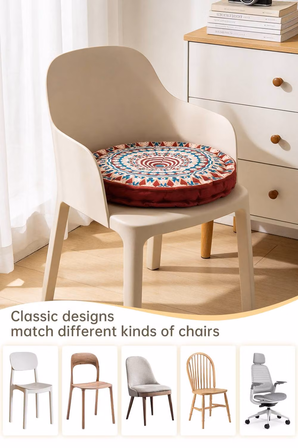 Living and Home Ethnic Geometric Round Tatami Seat Cushion in Red – 5