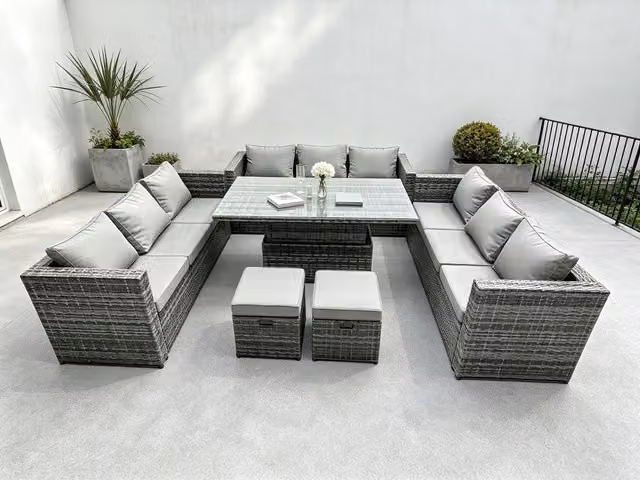 Fimous U-Shape Outdoor Rattan Garden Furniture Set in Dark Grey with Adjustable Lifting Table and Ottoman – 1