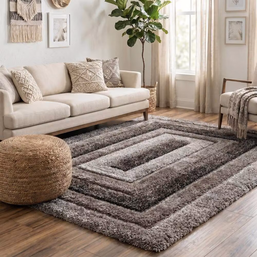 Desire Rugs Modern Soft Bordered Shimmer Shaggy Area Rug in Grey, W/D/H: 60 x 220 cm – 1