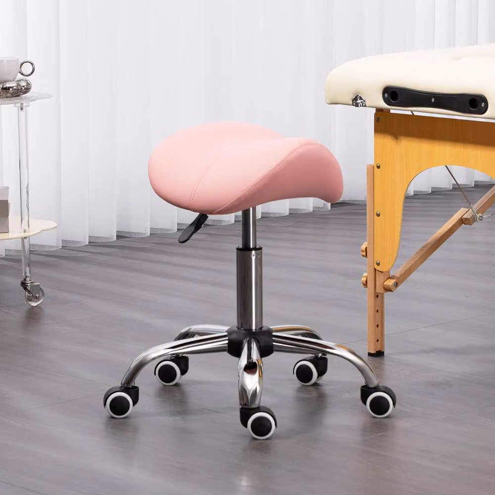 HOMCOM Pink PU Leather Saddle Stool with Moulded Padded Seat and Adjustable Height – 2
