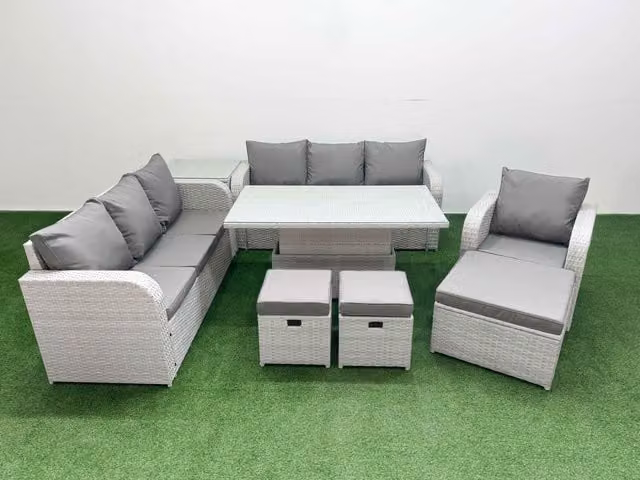 Fimous 10 Seater Poly Rattan Garden Furniture Set in Grey with Adjustable Lifting Table, 3 Seater Sofa, and Reclining Chairs