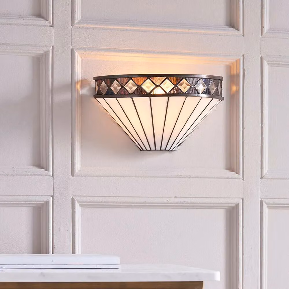 Loops Tiffany Glass Wall Light in Rich Cream and Transparent with Diamond Trim Interior Sconce – 4