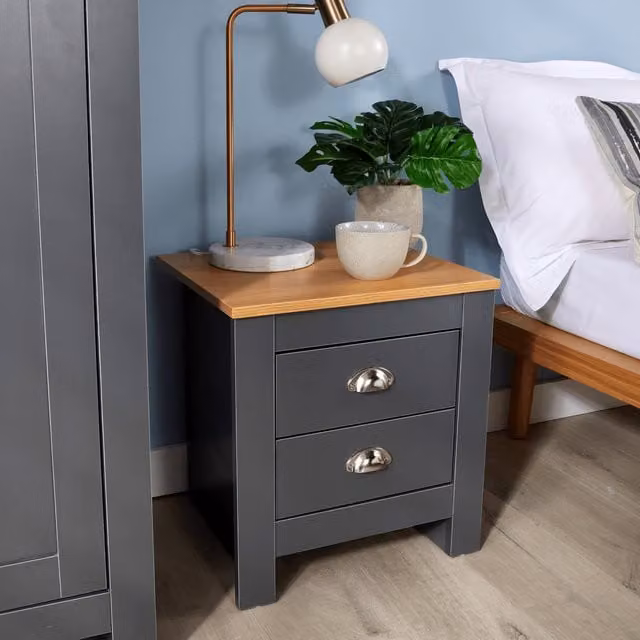 Home Source Camden Modern 2 Drawer Bedside Table Bedroom Storage Unit in Grey