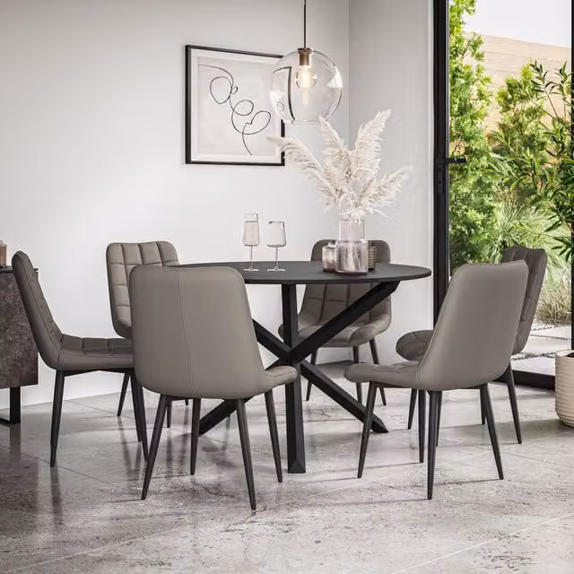 More4Homes Malvern Round Dining Table and 6 Nova Faux Leather Chairs Set, Black Table Top with Solid Oak Legs and Grey Chairs