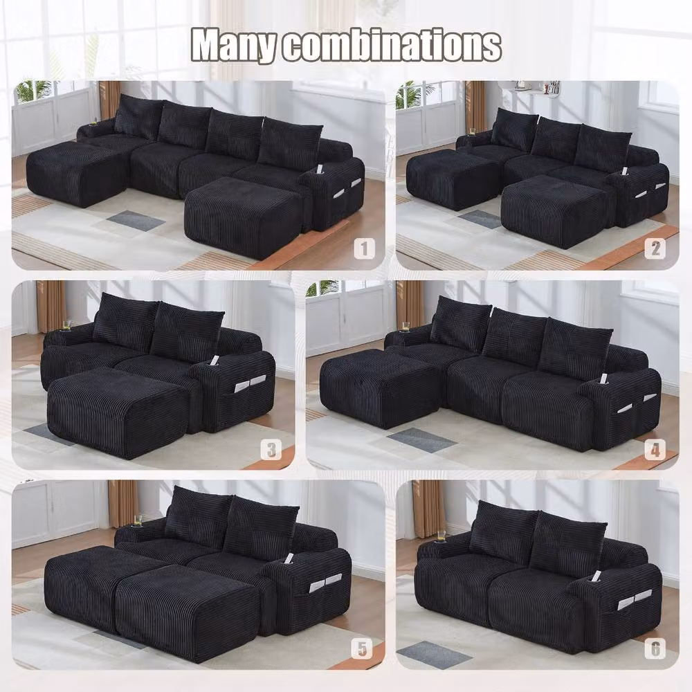 Rolipo Black Modular 2-Seater Corduroy Sofa with Matching Ottoman and Cup Holders – 4