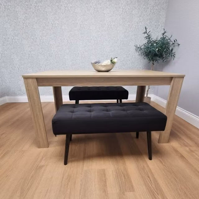 Kosy Koala Modern Rectangular Dining Table and Padded Benches Set in Black and Beige