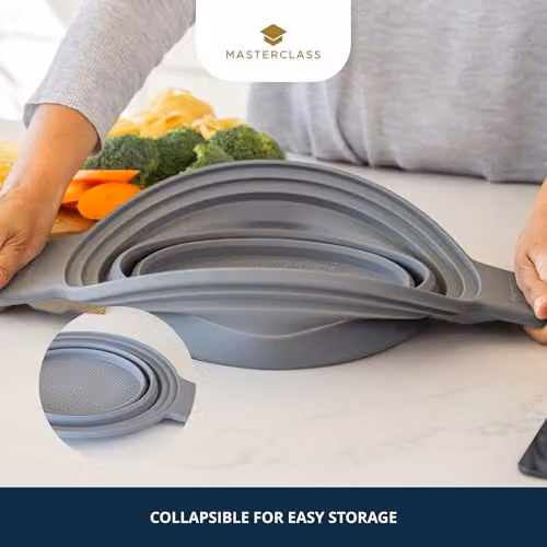 MasterClass Silicone Collapsible Two-in-One Steam Strainer and Colander with Handles, Grey – 4