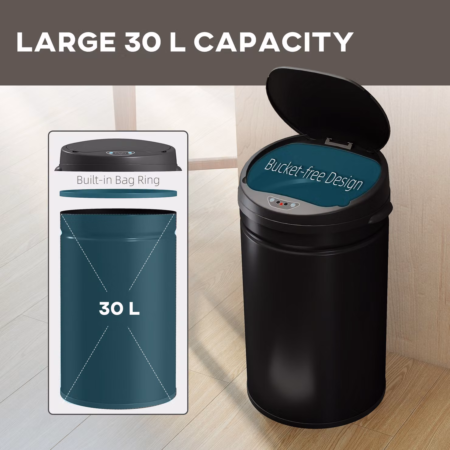 HOMCOM 30L Stainless Steel Sensor Bin in Black – 5
