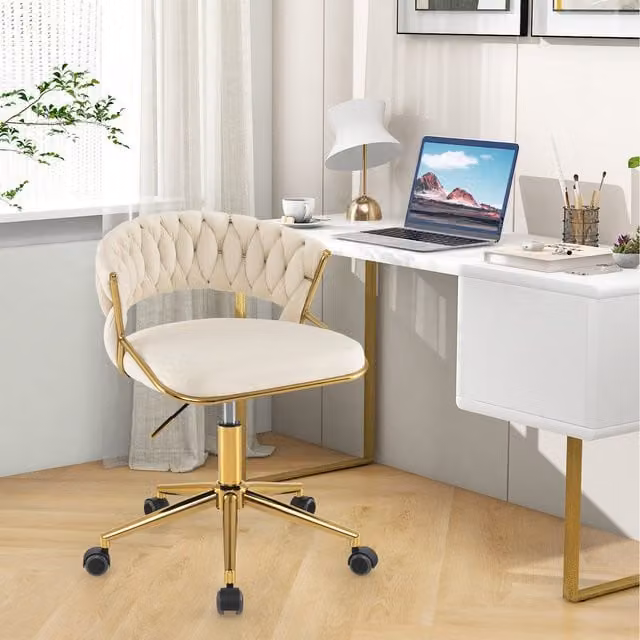 Costway Modern White Fabric Task Chair with Armrests and 360 Degree Swivel